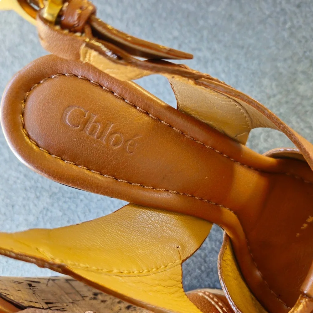 CHLOE Renna Cork Wedge Sandals 38 Act 36 Cognac Leather Strappy Platform CH16066